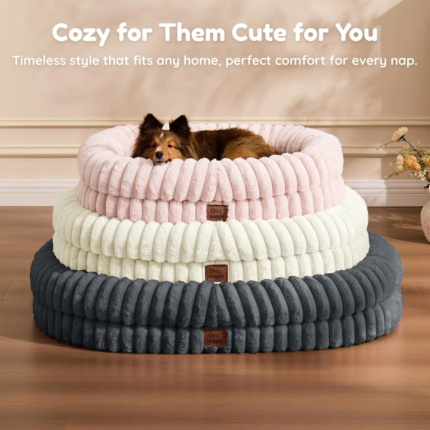 Human Dog Bed for Adult - Luxury Striped Faux Fur Giant Dog Bed with Portable Handle, Egg Orthopedic Foam Pad with Thick Blanket, , Cream