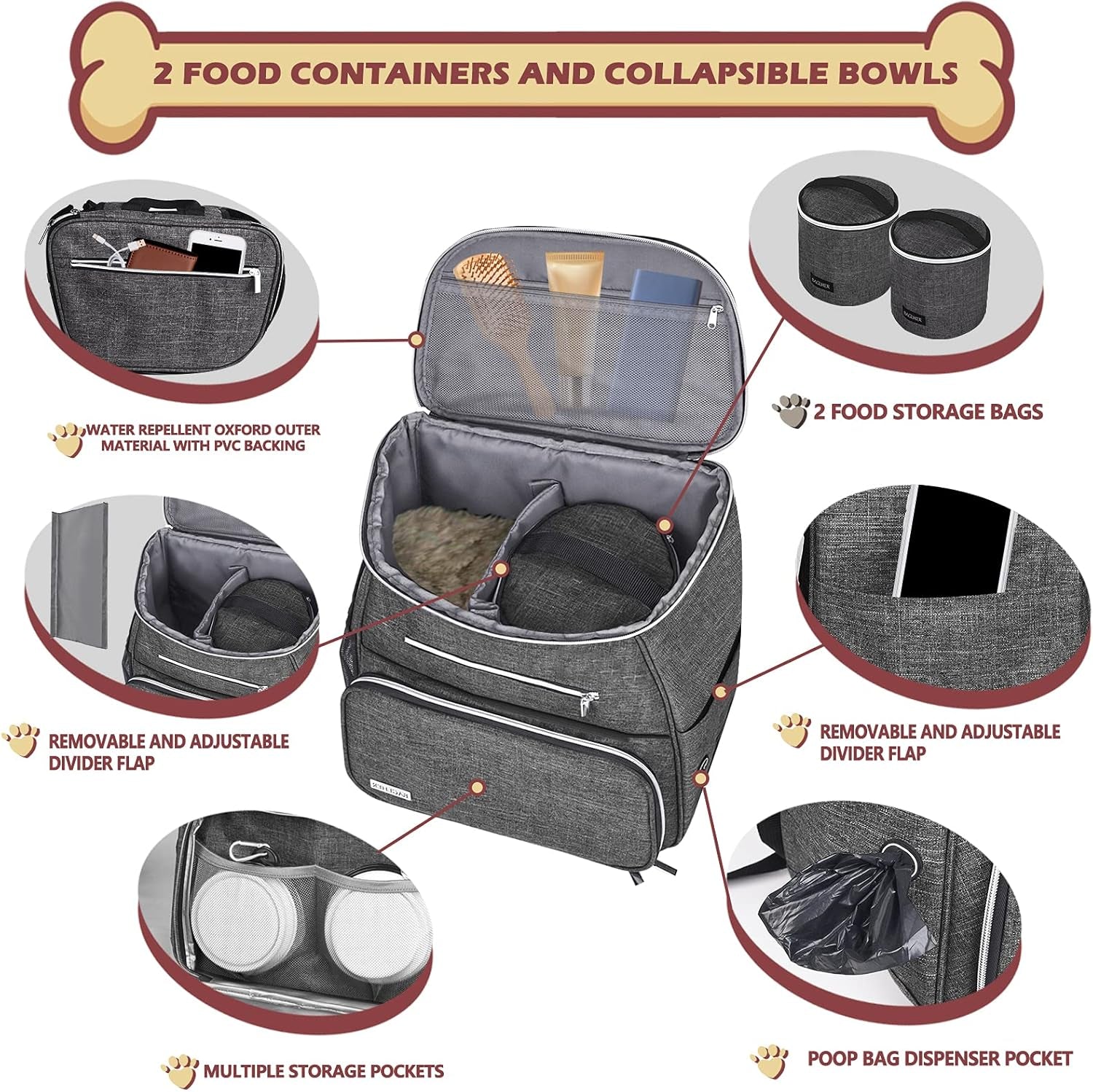 丨Dog Travel Bag Backpack, Airline Approved Pet Supplies Backpack, Dog Travel Backpack with 2 Silicone Collapsible Bowls and 2 Food Baskets Grey