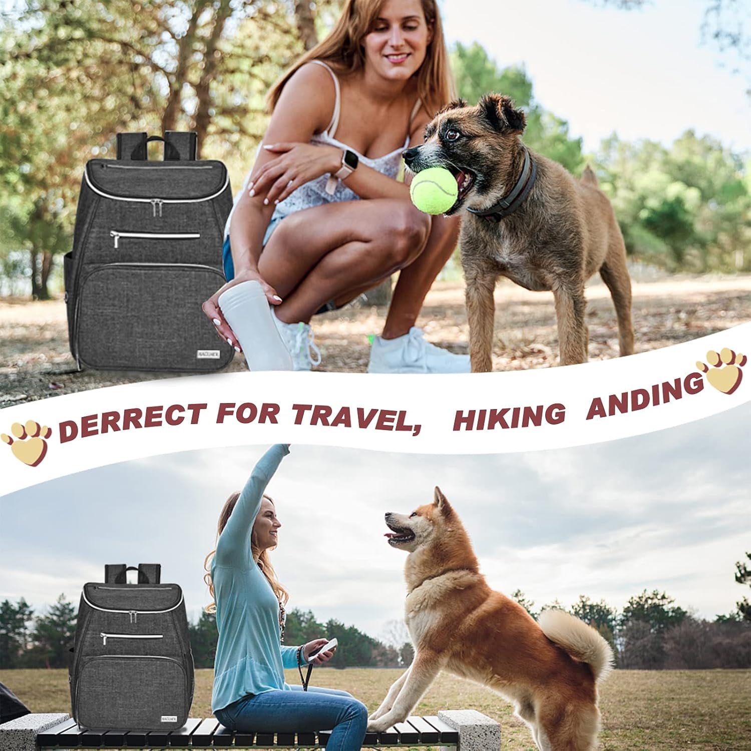丨Dog Travel Bag Backpack, Airline Approved Pet Supplies Backpack, Dog Travel Backpack with 2 Silicone Collapsible Bowls and 2 Food Baskets Grey