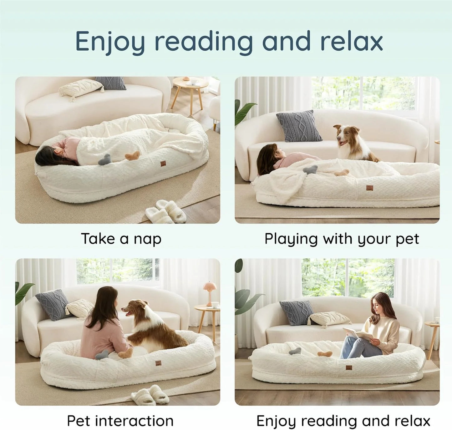 Human Dog Bed for Adult - Luxury Faux Fur Giant Size Dog Bed with Portable Handle, Egg Orthopedic Foam Bed with Blanket Ivory White