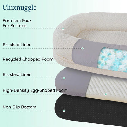 Human Dog Bed for Adult - Luxury Faux Fur Giant Size Dog Bed with Portable Handle, Egg Orthopedic Foam Bed with Blanket Ivory White